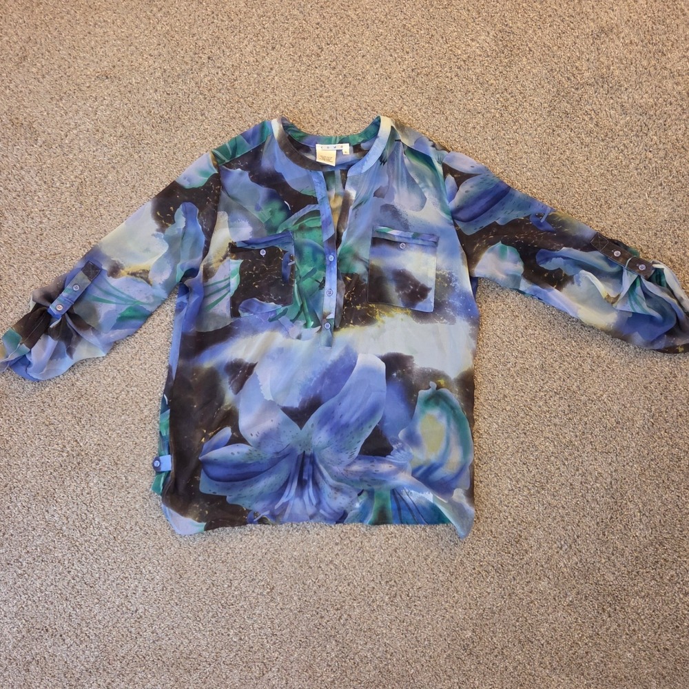COMO Women Blue Green Floral Sheer Roll Tab Sleeve Blouse XL L2U046SE